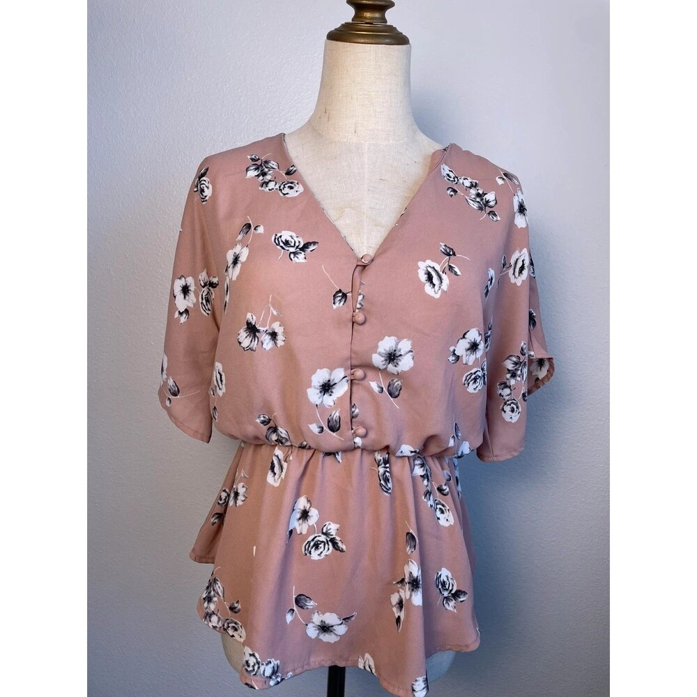 Sierra Sky Dusty Rose Pink Peplum Floral Blouse Small Cloth Button Up T Shirt
